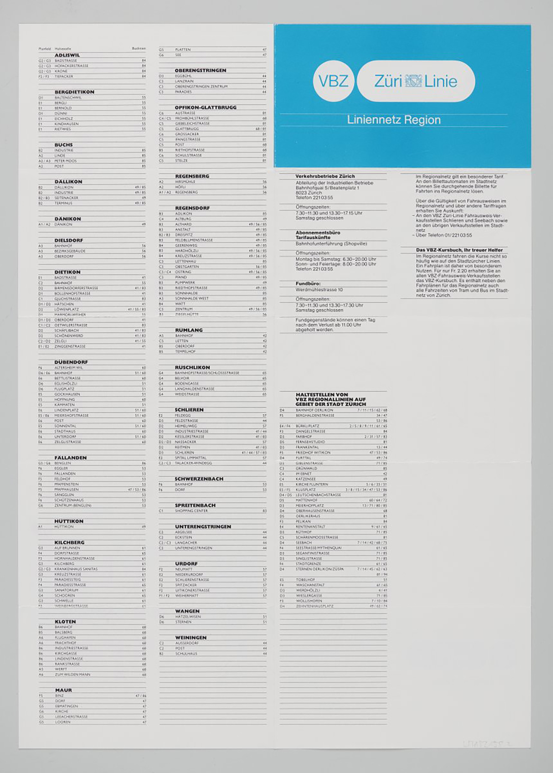 Stadtplan. VBZ Züri Linie, Liniennetz Region