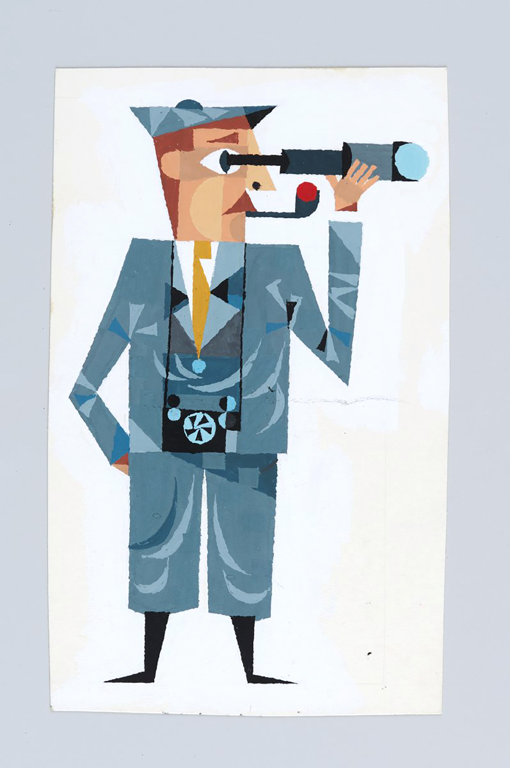 Druckgraphik. Mann mit Pfeife und Fernglas