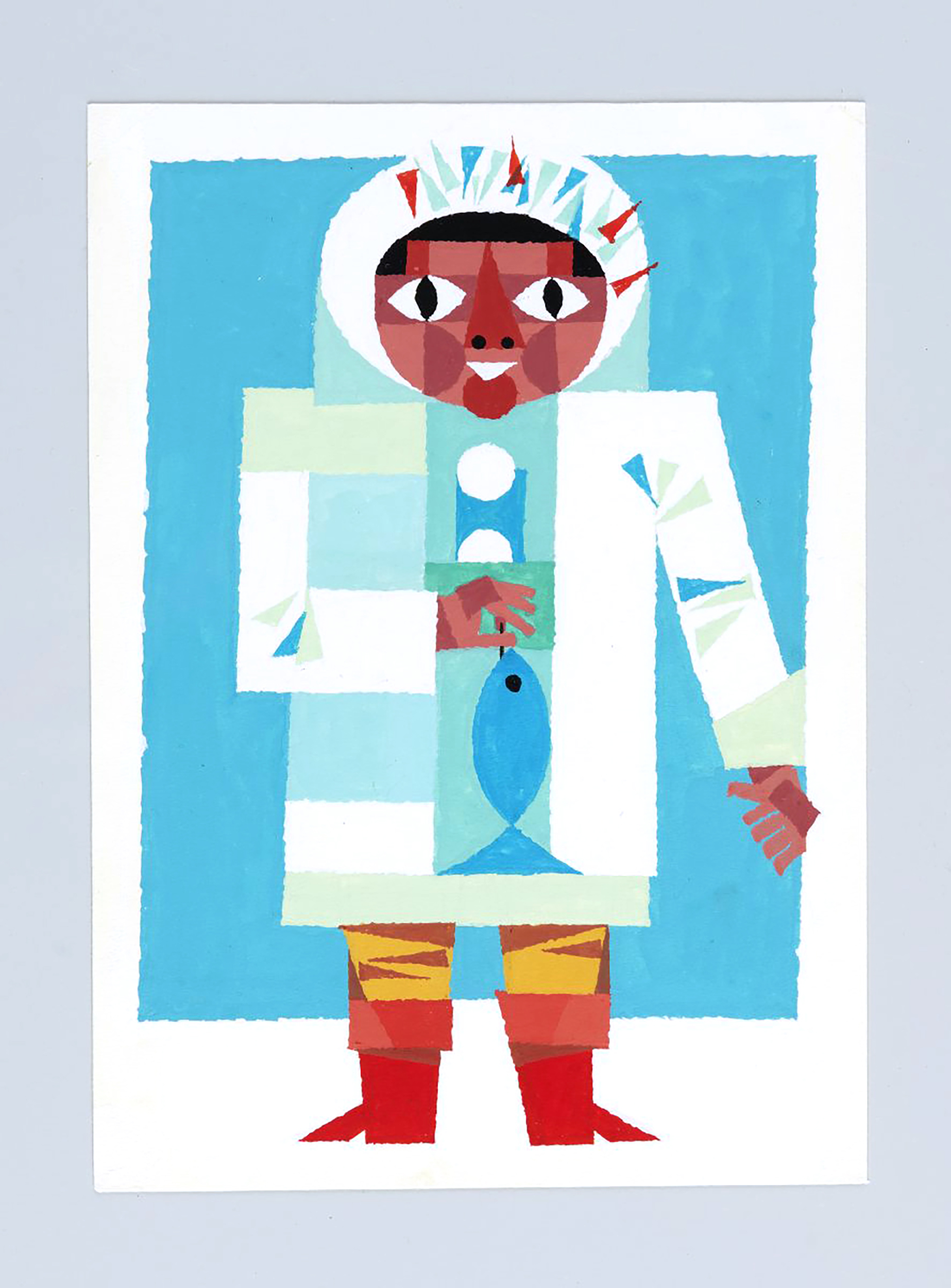 Druckgraphik. Person mit Kapuzenjacke und Fisch